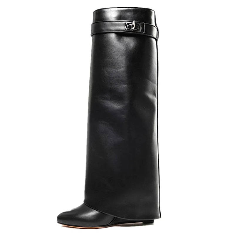 

Shark Lock Women High Boots Genuine Leather Fold Knee High Boots Luxury Designer Shoes Pointed Toe High Wedges Botas De Mujer