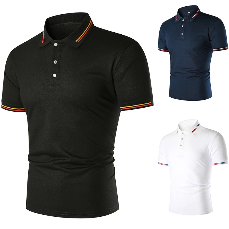 

2021 New Summer European Size Men's Solid Color Collar Cuff Stripe Splicing Slim Business Casual Short-sleeved Men's POLO Shirt