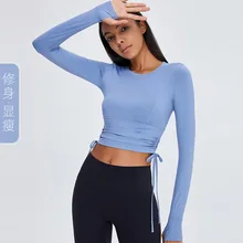 T shirt de Course à Manches Longues pour Femme, Sexy, Yoga, Nombril Exposé, Vêtements de Sport Solides, Fitness, Séchage Rapide  (4)