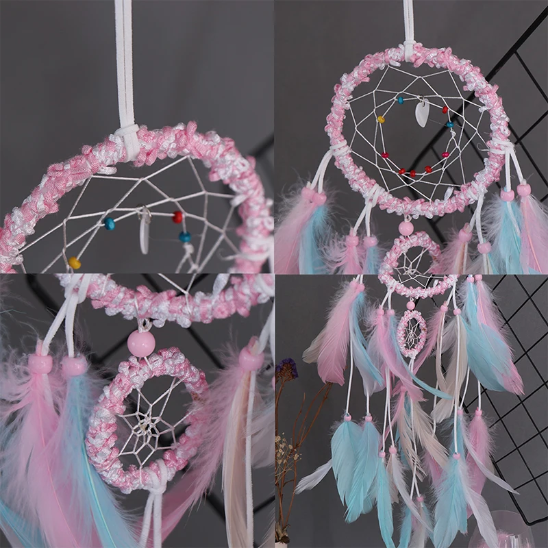 1pc Pink Feather Girl Catching Dream Net Openwork Lace Dreamcatcher Bead Handmade Valentine's Day Gift | Дом и сад