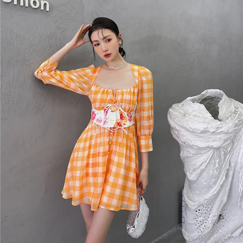 

Kimotimo Women 2 Piece Set 2021 Summer Sweet Vintage Plaid Lace Up A-Line Short Dress + Sexy Print Girdle Seaside Vocation Femme