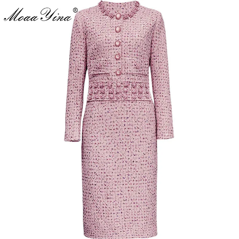 MoaaYina модное дизайнерское платье весна-осень женское с кристаллами жемчугом