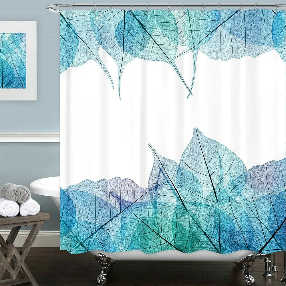 

Tropical Plant Blue Leaves Shower Curtain Watercolor Botanical Leaf Vine Herbs Nature Spring Scenery Bathroom Polyester Screen
