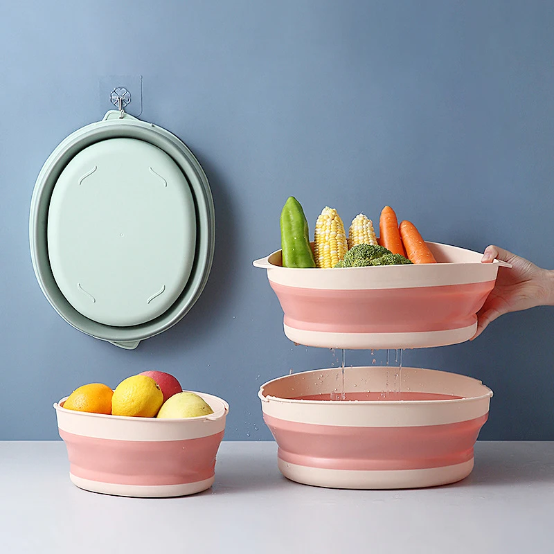

Kitchen Accessories Drain Basket Double Thicken Folding Kitchen Hollow Rice Washing Plastic Sink Fruit Basket Portable Foldable