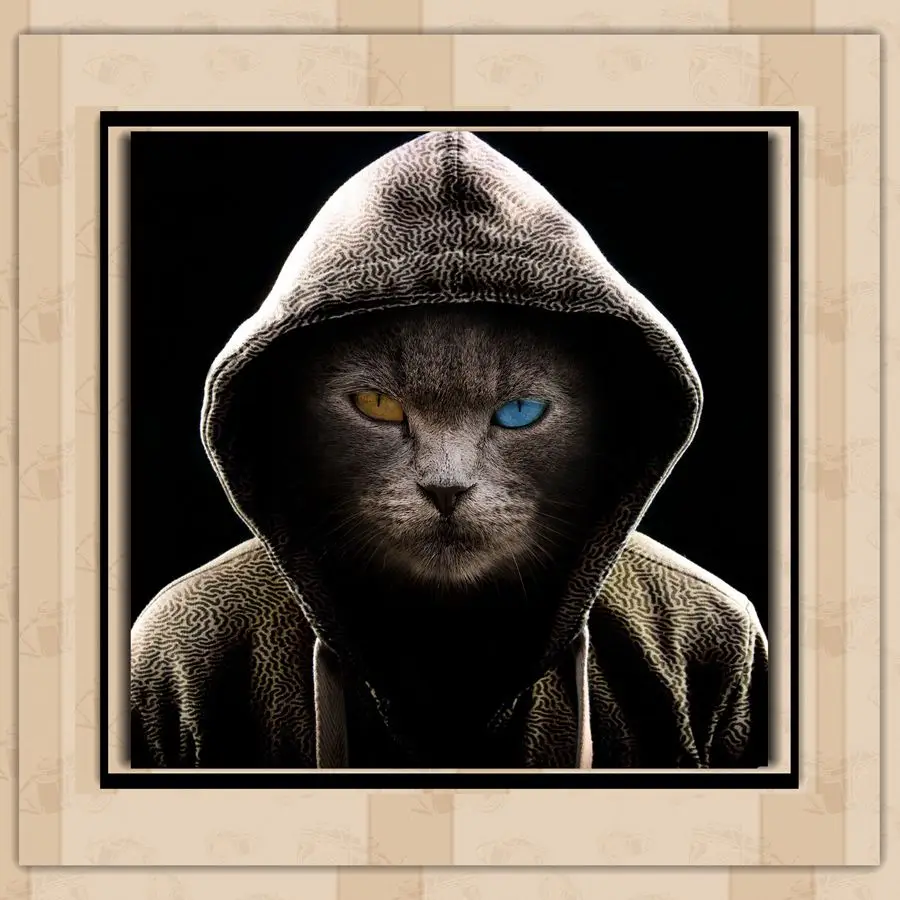 

Black Backgroud DIY Mosaic Diamond Painting Undercover Cat Blue Yellow Eyes And Wear One Piece Hat In Round Drills No Frame