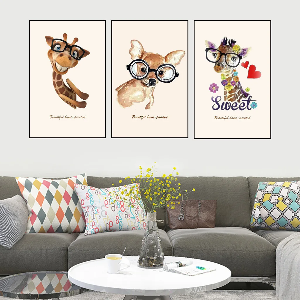 

Простые скандинавские Мультяшные очки Животные Жираф настенное искусство для детской комнаты Современная Картина на холсте Декор для спал...