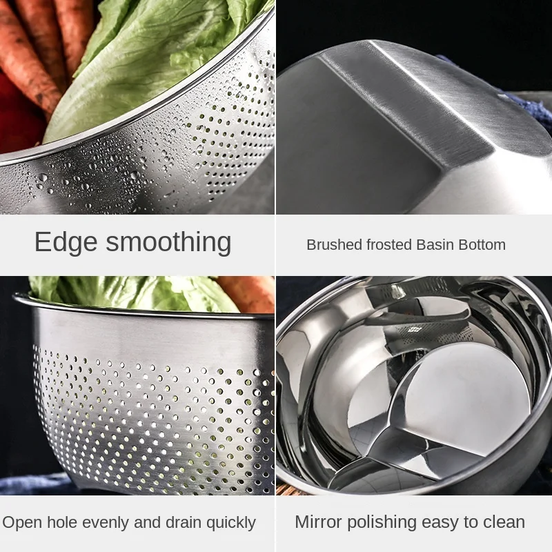 

Stainless Steel Rice Washing Bowl Versatile 3-In-1 Colander Kitchen Strainer with Side Drainers for Rice Vegetables Fruit