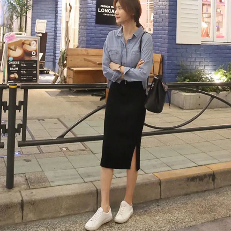 

Summer 2021 New Korean Version Of The Side Slit Skirt Slim Slimming One Step Skirt Mid-length Skirt Female Bag Hip Solid Color