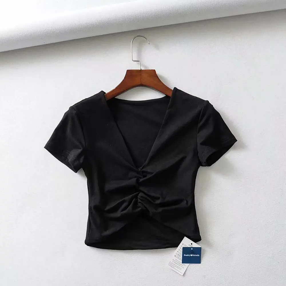 

Women Clothings T-shirt Short sleeves slim dark V-neck crop top stylish tight Tee DM001