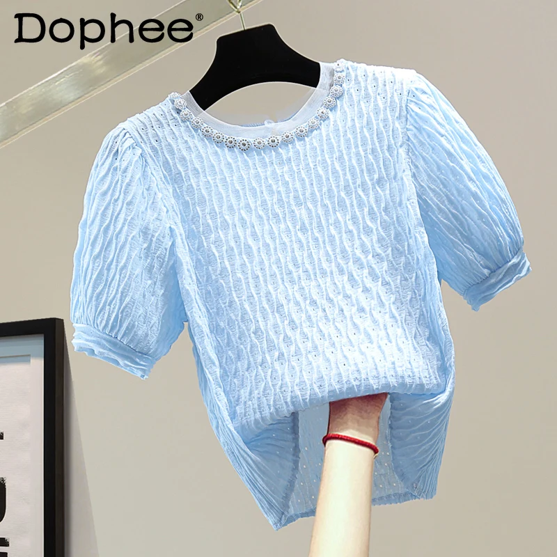 

Chic Diamond Solid Short Sleeve Tshirt Women 2021 Summer Korean Style High Waist Stitching Stretch T-shirt Female Pullover Tops