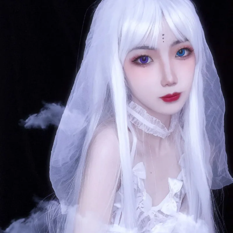 Японский парик для косплея Женская белая воздушная плоская челка длинные прямые