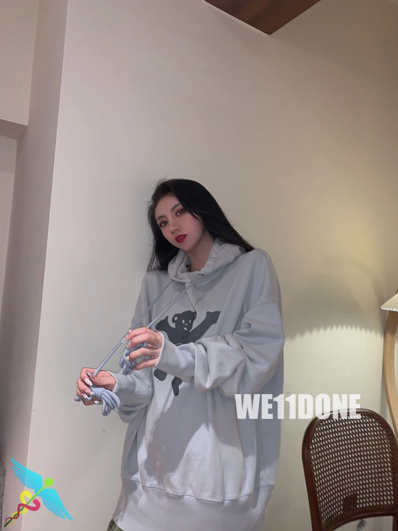 

Harajuku Style We11done Men Women High Quality Bear Pattern Drawstring Hooded Pullover Welldone Casual Washed Hoodies