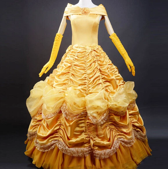 

Girl And Beast Belle Yellow Princess Dress With Gloves Adult Women Cosplay Costume Fancy Halloween Ball Gown Dresses