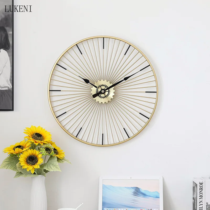 

Round 24 Inches Golden Iron Living Room Wall Clock Modern Minimalist Creative Hanging Bedroom Decoration Clock Watch