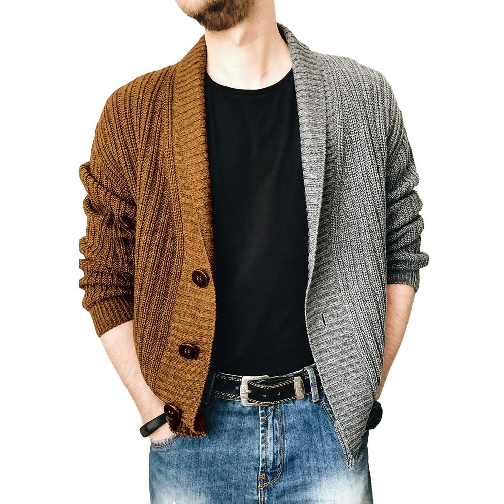 

Patchwork Contrast Sweaters Mens Long Sleeve Sweater Cardigan Coat Winter Autumn Warm Casual Knitted Jumper Tops