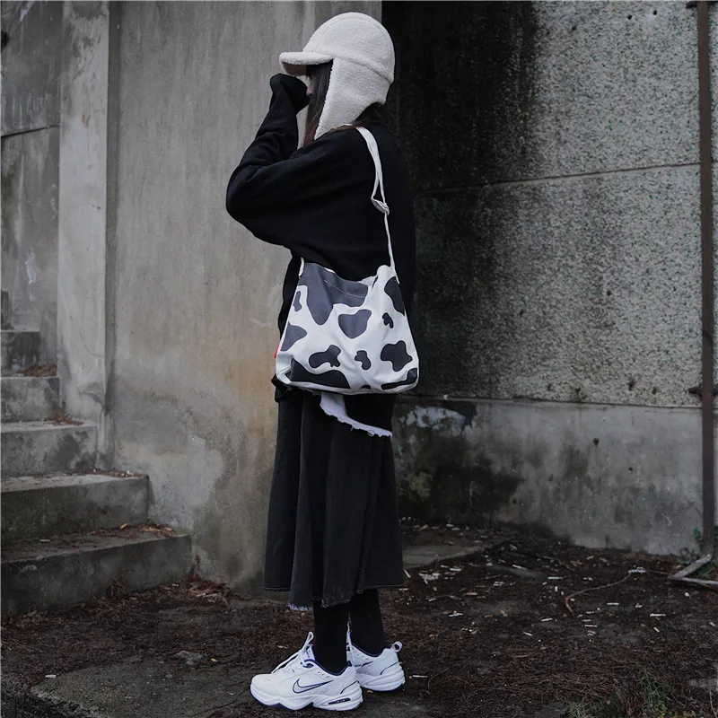 Мультяшная Милая Холщовая Сумка из коровьей кожи Женская вместительная