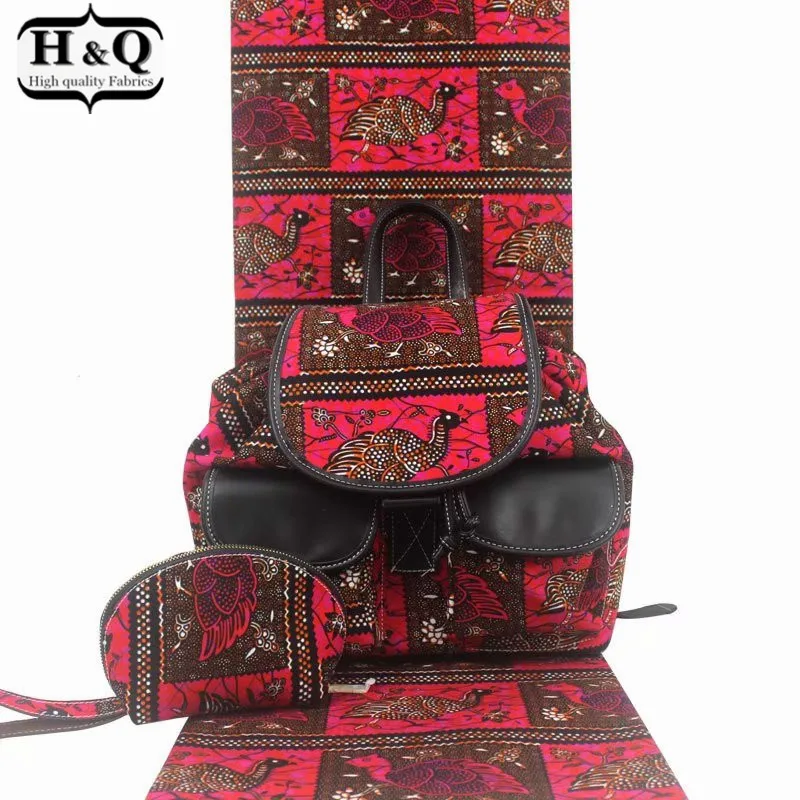 

H&Q latest red african wax bags three-piece match big handbag and small money bag with 100% Cotton wax fabric 6 yards/lot H0131