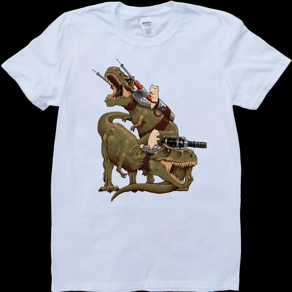Кошки верхом T-Rex динозавры Смешные белые на заказ Мужская футболка |