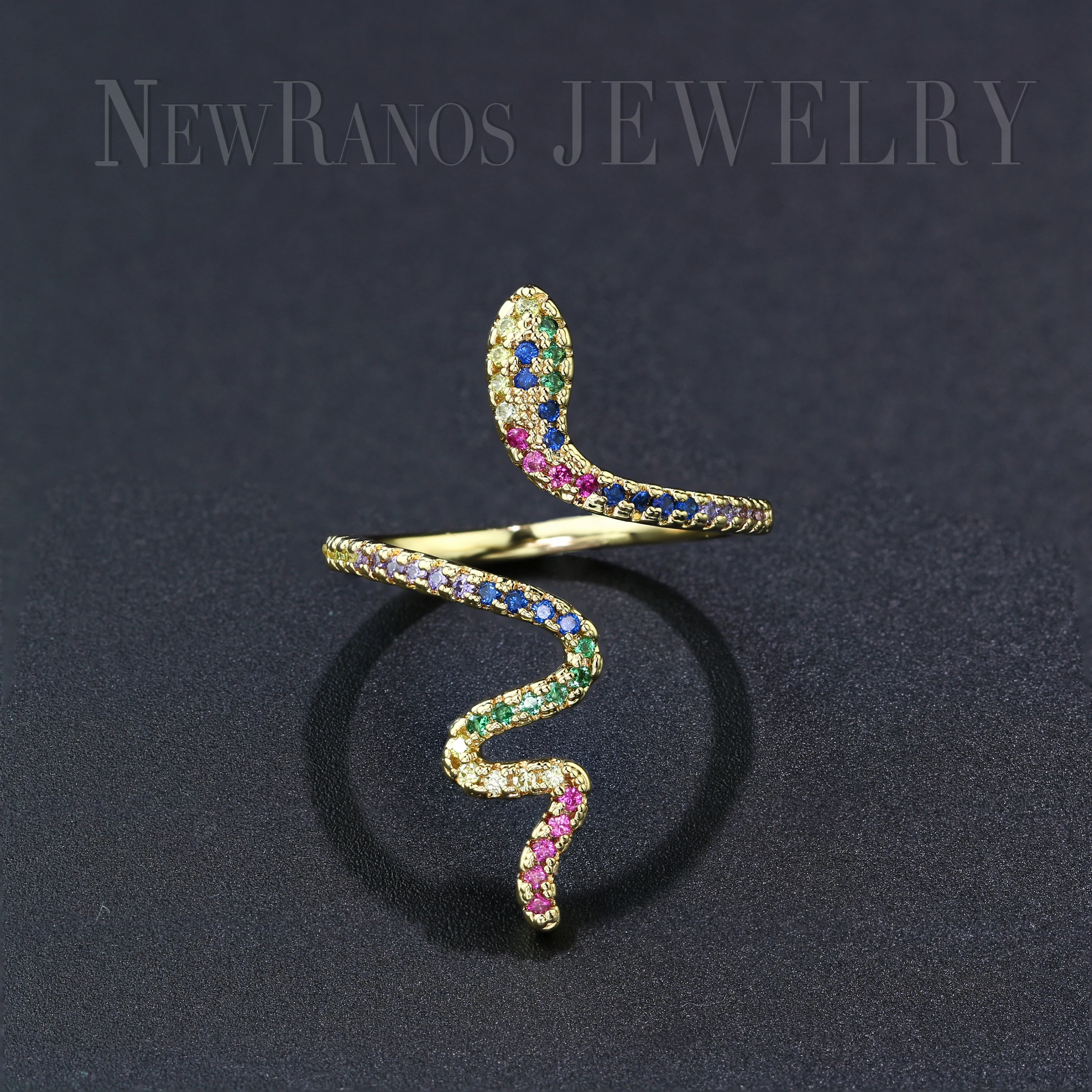 Newranos Multi Color Snake Gold Ring Rainbow Baguette AAA+ Cubic Zirconias Finger for Women Fashion Jewelry RYL003524 | Украшения и