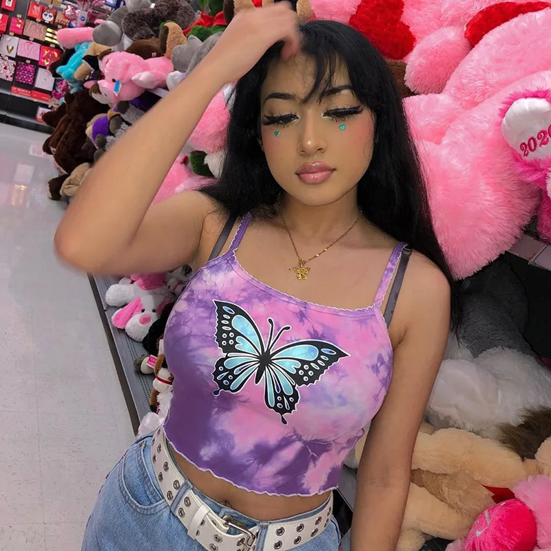 

Butterfly Print Tank Tops Women Sexy Halter Vest Clothing Party Club Bustier Summer Spring White Bottoming Cropped Sports Crops