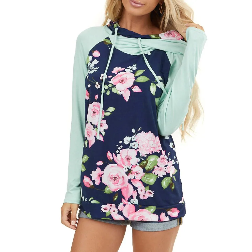 New Sweatshirt Women Fashion Floral Print Long Sleeve Drawstring Hoodie Double Cap Tops clothes sudaderas para mujer | Женская одежда