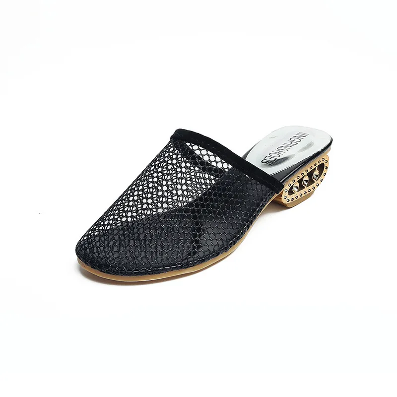 

2021 new mid-heel sandals female thick heel Baotou hollow slippers breathable mesh sandals large size 43