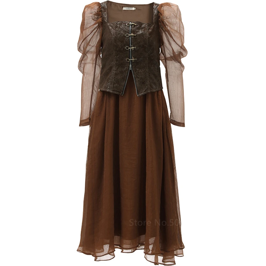 

Medieval Vintage Cosplay Costume Woman Elegant Halloween Party Clothing Stage Performance Full Sleeve Chiffon Leather Dress