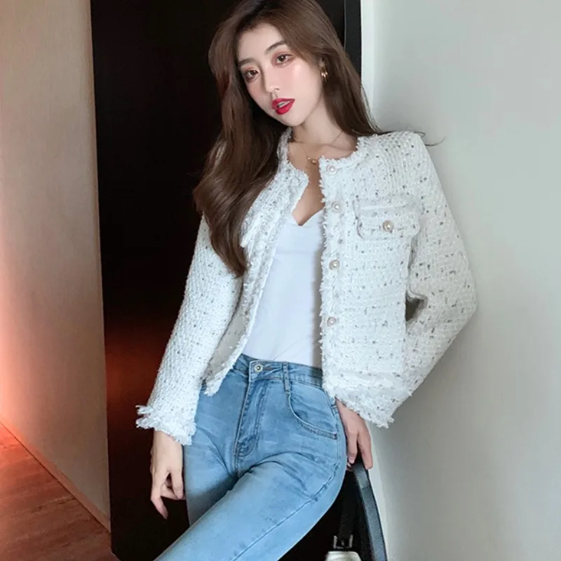 Женская твидовая однобортная куртка с длинным рукавом бахромой - купить по