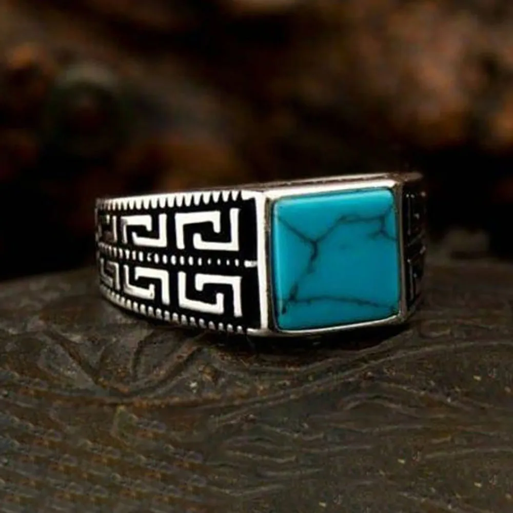 

Vintage Turquoise Stone Carved Pattern Opening Mens Ring For Male Womens Rings Christmas Party Gift Jewelry Set Anillos