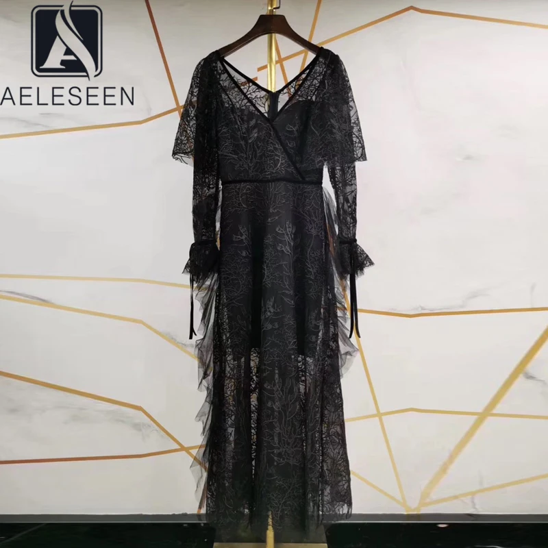 

Size Luxury Designer Plus 2021 Summer Women's Long Sleeve Mesh Flower Embroidery V-Neck Bow Lace Maxi Party Dress