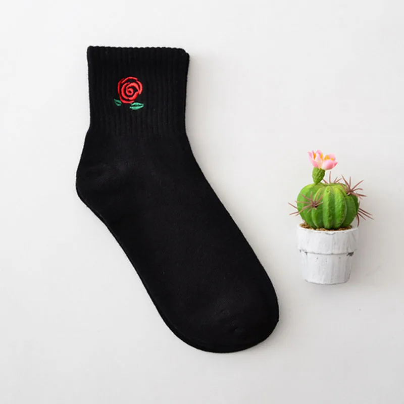Black Rose Мужские белые носки в стиле Харадзюку, унисекс, летние короткие носки, хипстер, скейтборд, забавные короткие носки, вышивка, кокс, убийца, кактус, монстр - Цвет: Black Rose