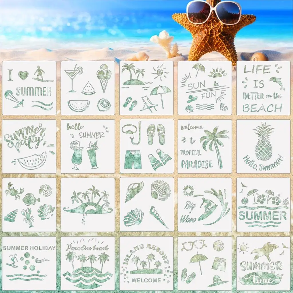 

20 Pieces Summer Theme Stencils Tropical Hawaiian Beach Stencils Reusable PET Pa