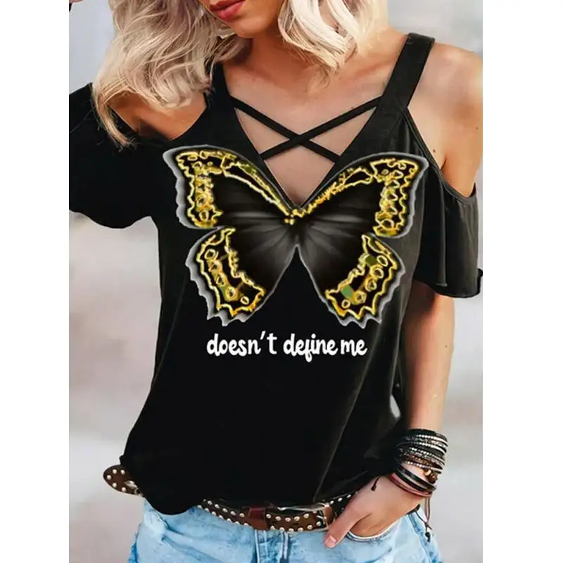 

Summer Tops Women's T-Shirt Ladies Strapless V-Neck Casual Top Loose Short Sleeve t Shirt Butterfly Printed Sexy Women Tee