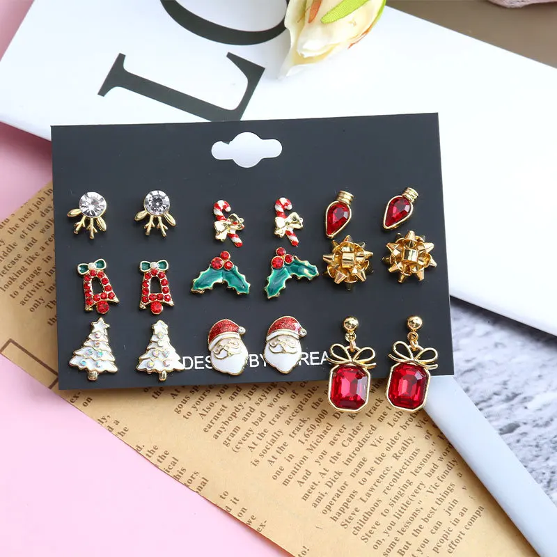 

Christmas Set Combination Elk Gift Stick Bow Knot Hat Tree Old Man Earrings Alloy European and American Trend Fashion Jewelry