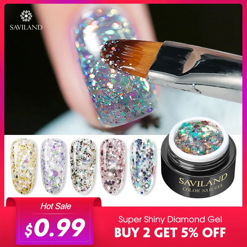 Saviland Гель лак для ногтей с бриллиантами блестящий Светодиодный УФ гель маникюра