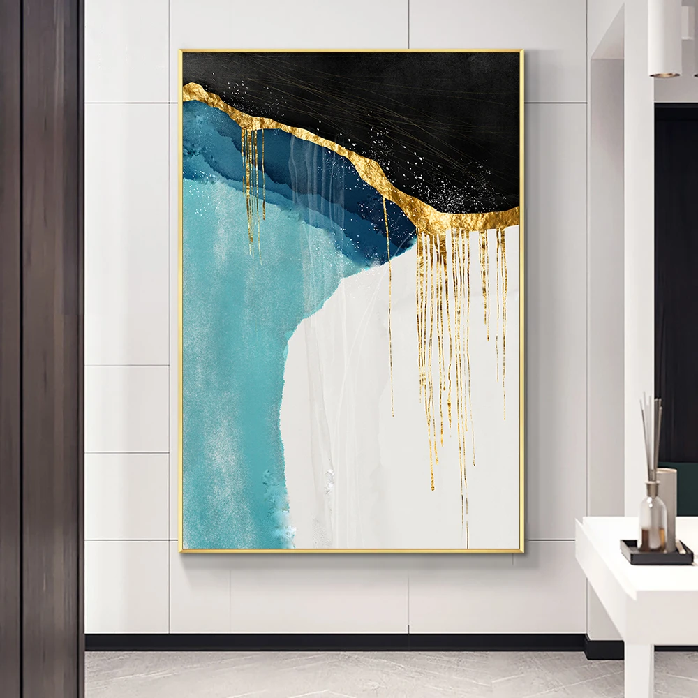 

Hand Painted Black With White Abstract Gold Foil Oil Painting Canvas Wall Art Fine Modern Unframed Art For Living Room Decor