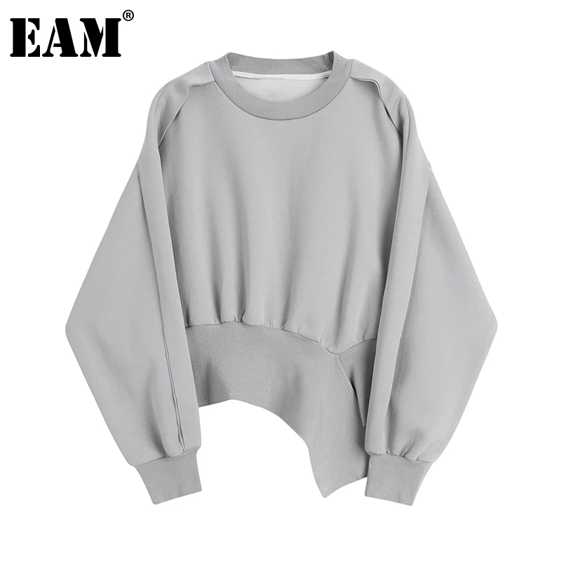 [EAM] Свободная серая Асимметричная Толстовка большого размера новинка круглый
