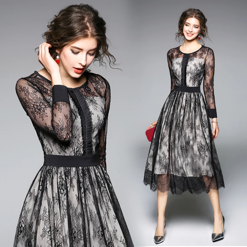 

New Elegant Vintage Fashion Women Lace Slim Tunic High Waist Evening Party Dress Lady Long Sleeve Big Swing Maxi Dresses