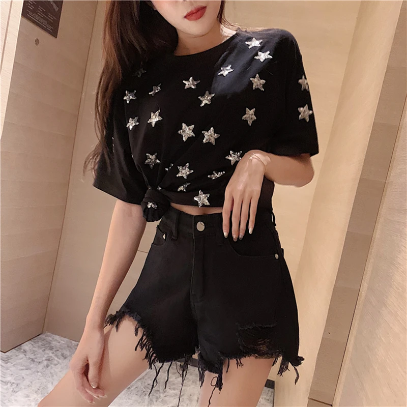 Новинка лета 2021 модные рваные джинсовые шорты женские популярные широкие брюки с