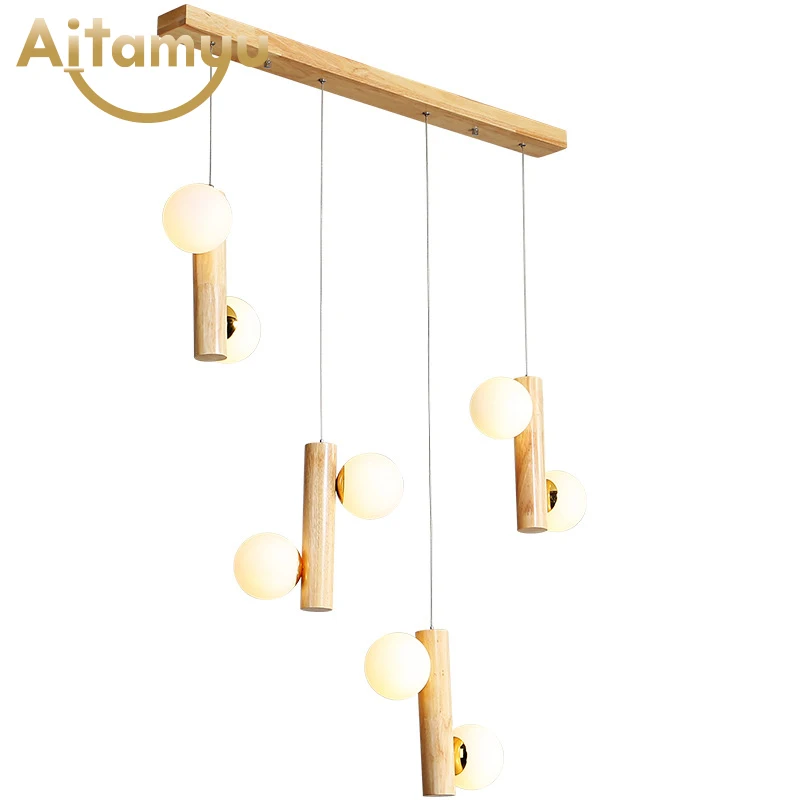 

Nordic Long Tube Wooden Pendant Light with Glass Balls For Dining Room Loft Wood Hanging Lamp Creative Suspension Lighting