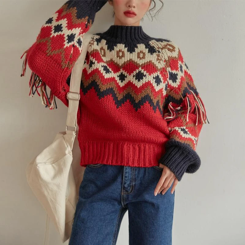 

KCHY Autumn Winter Knit Sweater Women Oversized Jumper Pullover Korean Style Vintage Fashion Tassel O Neck Tops 2021