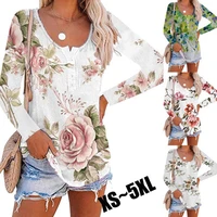 womens clothing oversized t shirt button round neck long sleeve top women harajuku flowers print loose midi bottomed shirt tops