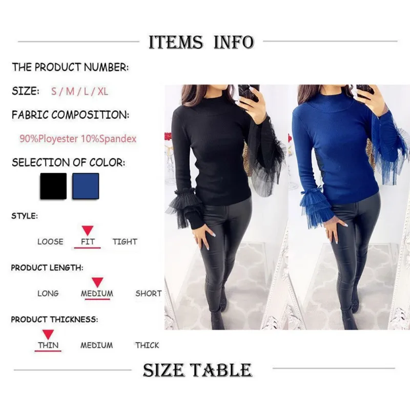 

Sexy Solid Mesh T-shirts Slim Fit Turtleneck Long Flare Sleeves Tees Autumn Winter New Pullover Tops