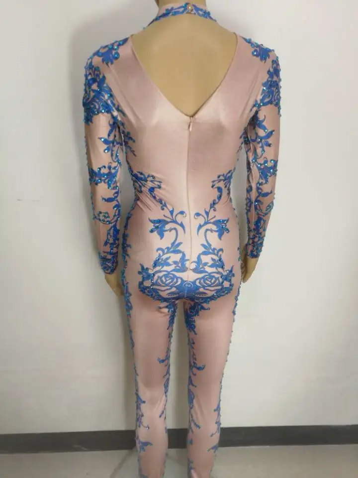 Женский комбинезон с синими стразами костюм для выступлений ночного клуба бара