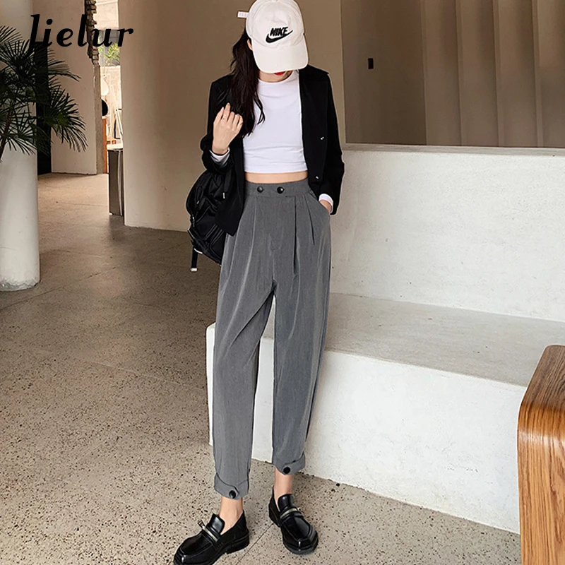 

Jielur 2020 BF Straight Women's Pants High Waist Autumn New Suit Harem Pants Loose Casual Cool Gray Black Pantalon Femme S-XXL