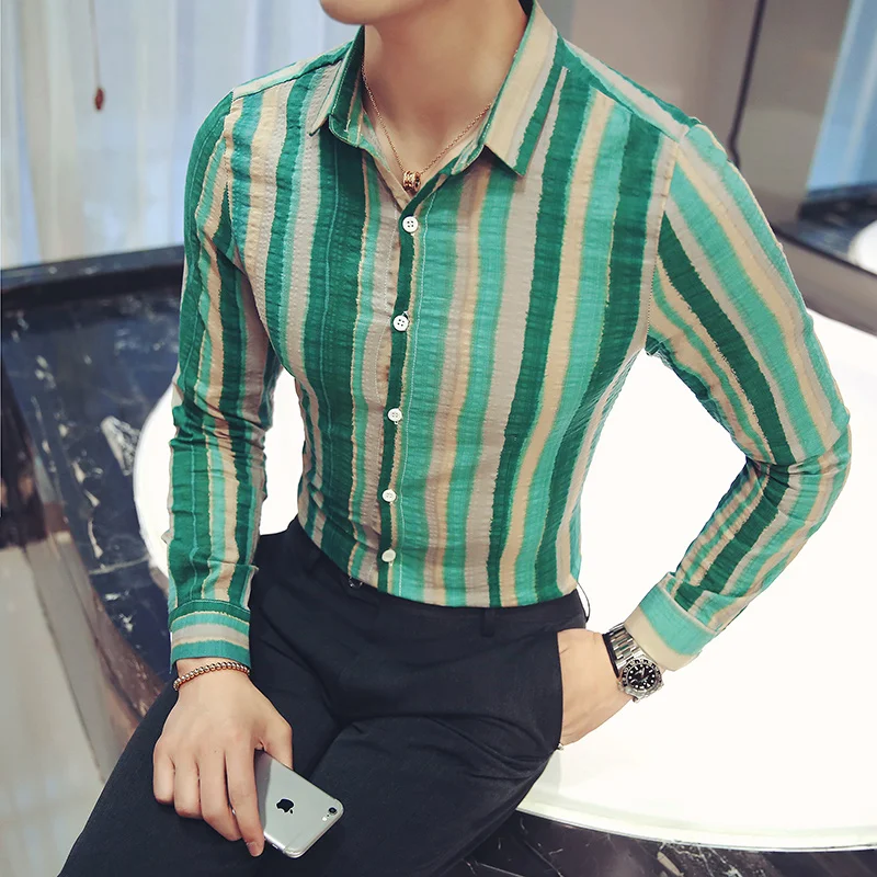 

Новинка 2021, модная облегающая повседневная мужская рубашка в полоску, Лидер продаж, мужские рубашки