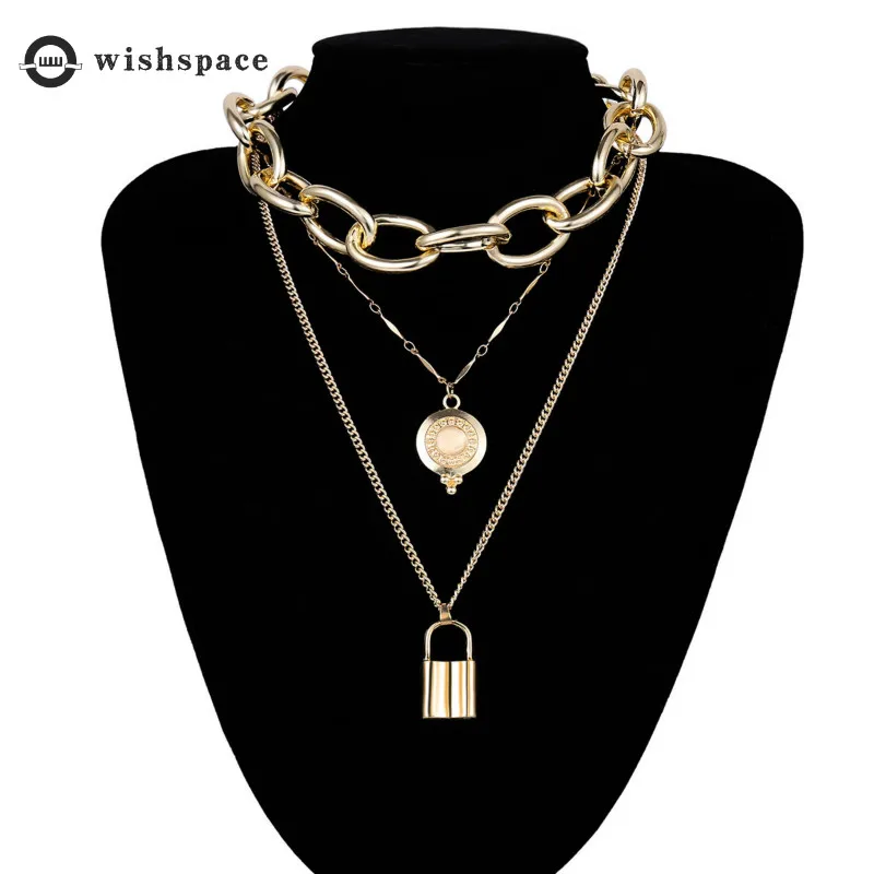 

New pop punk style of heavy metal necklace with spoon in her mouth padlock key wholesale sweater chain
