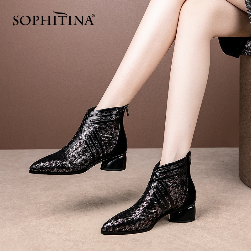 

SOPHITINA Ankle Boots Women Luxury Sheepskin Zipper Lady Shoes TPR Mid Heel Print Design Party Office Elegant Female Shoes MO822