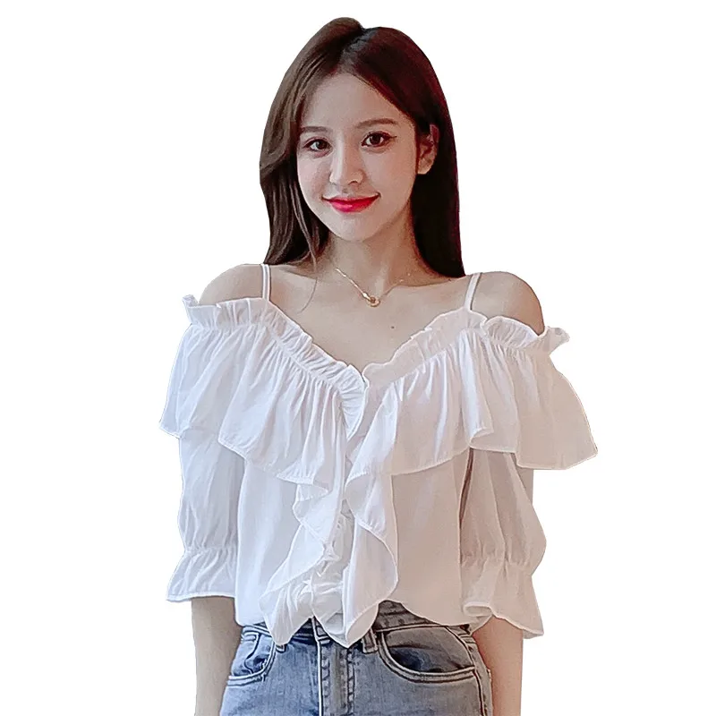 

Summer Korean version one shoulder V-neck top off shoulder clavicle Short Sleeve Chiffon shirt
