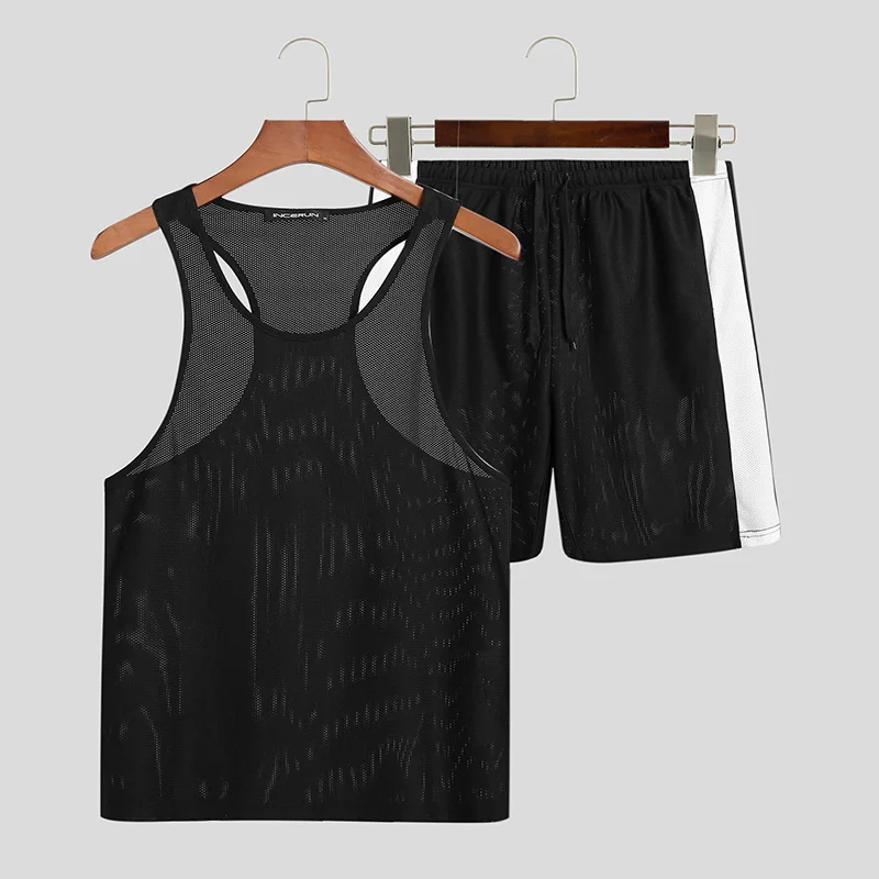 

INCERUN Patchwork Men Sets Homewear Bodybuilding Sleeveless Tank Tops Drawstring Shorts Workout Summer Men Casual Suits 2 Pieces